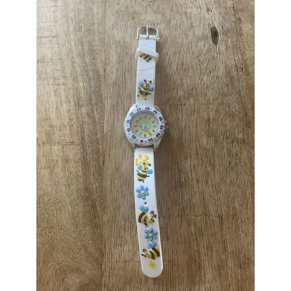 Kids Bee Theme Analog Watch White Strap Flowers Cute Design - Picture 1 of 2